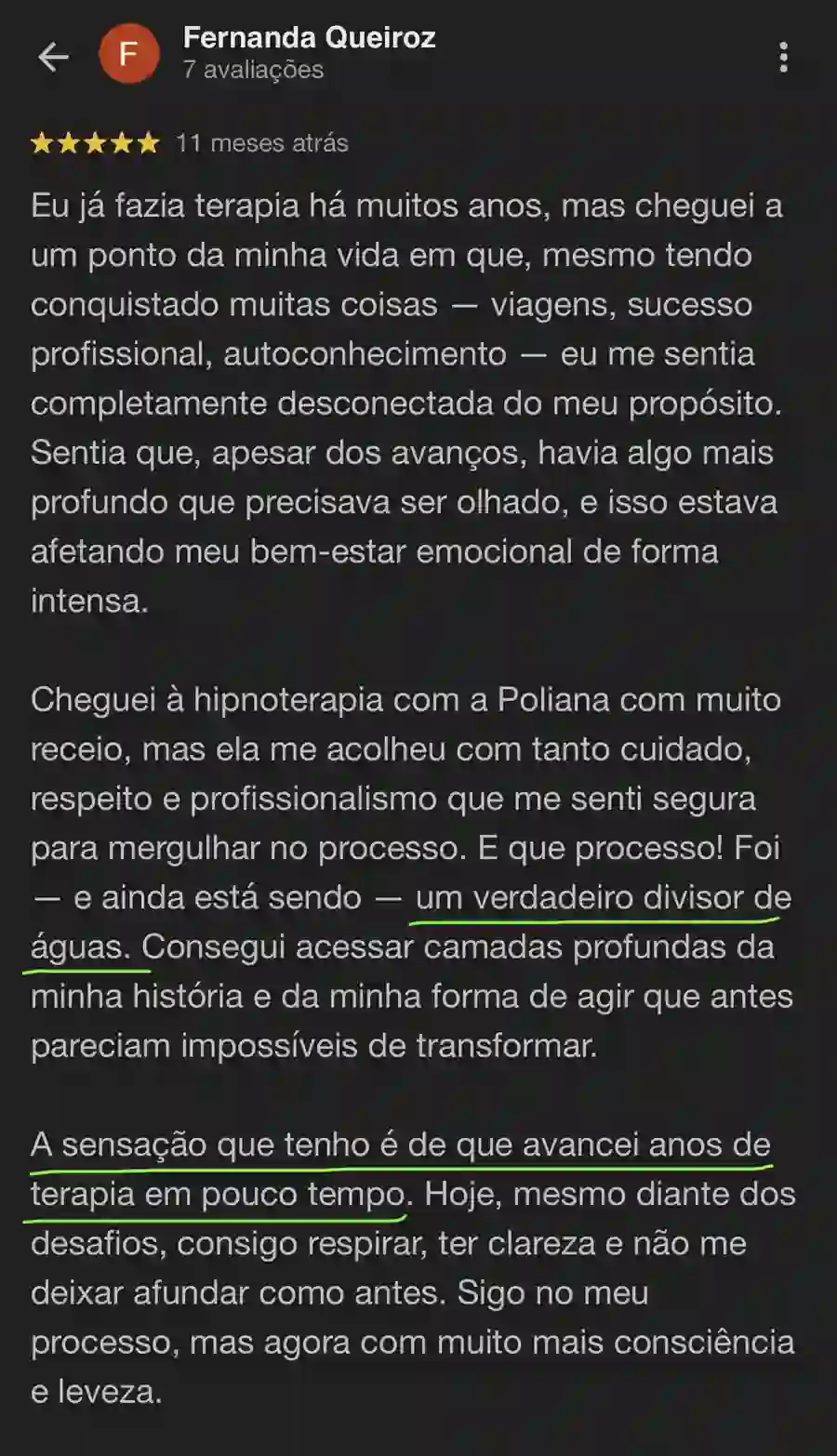 Depoimento de Fernanda Queiroz sobre a Poliana Santos no Google